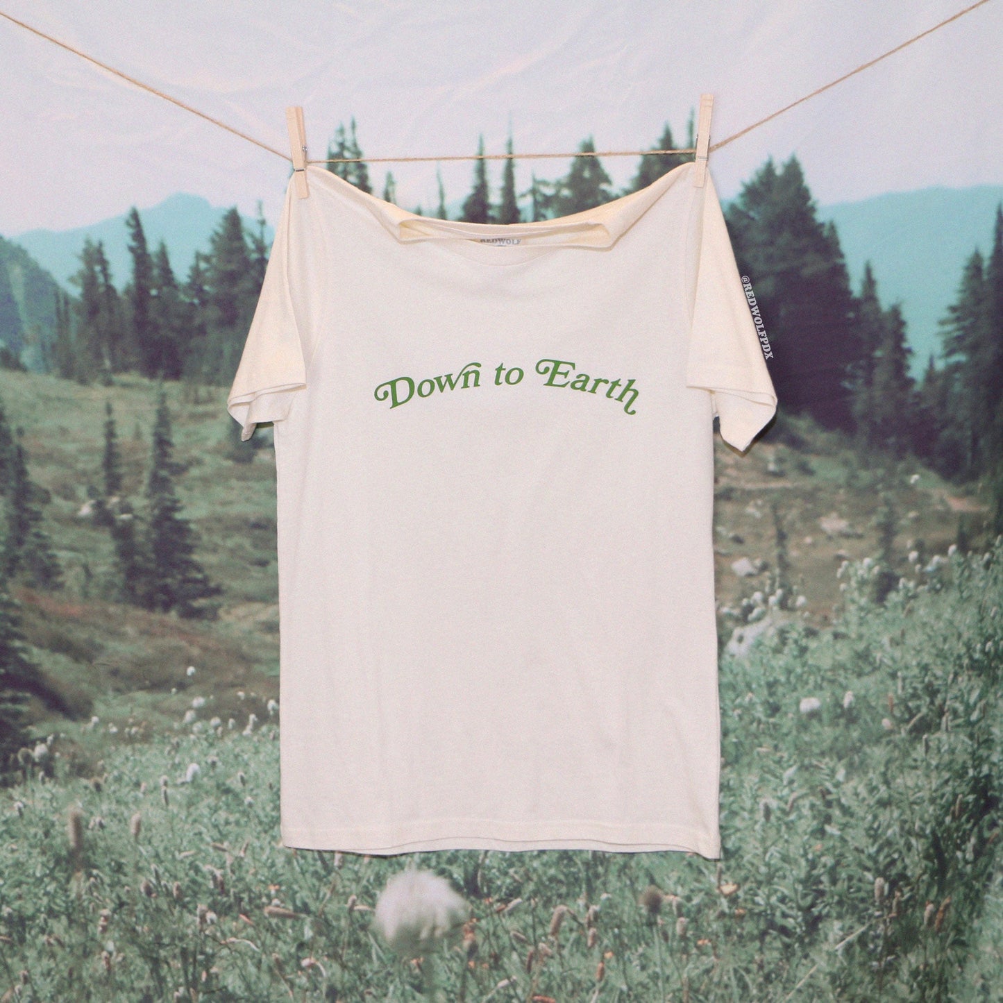 'Down to Earth' text graphic on neutral tee hanging on clothes line against scenic nature backdrop