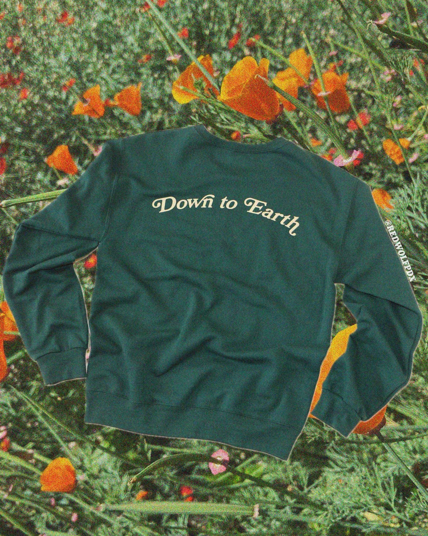 Green sweatshirt with 'Down to Earth' text on a background of greenery and orange flowers