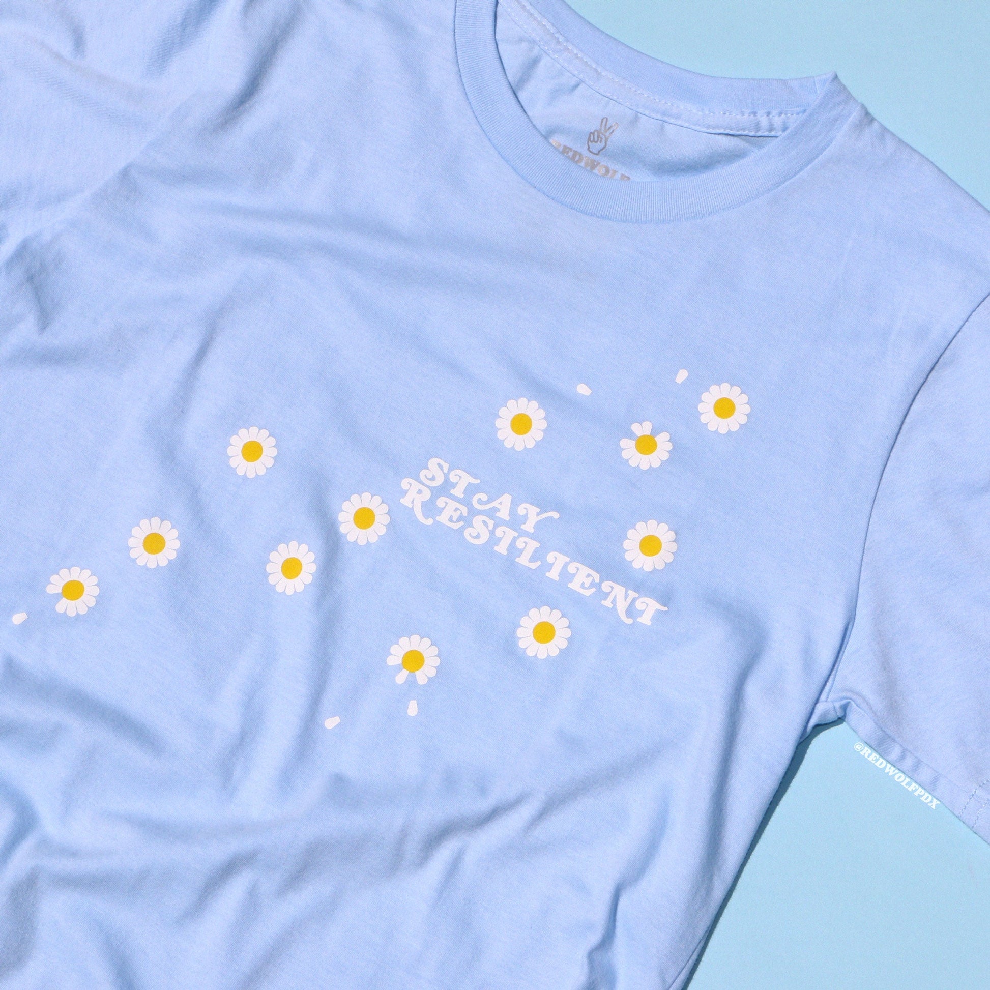 baby blue graphic tee with text 'STAY RESILIENT' with illustrated daisies screen printed down the front on a light blue background