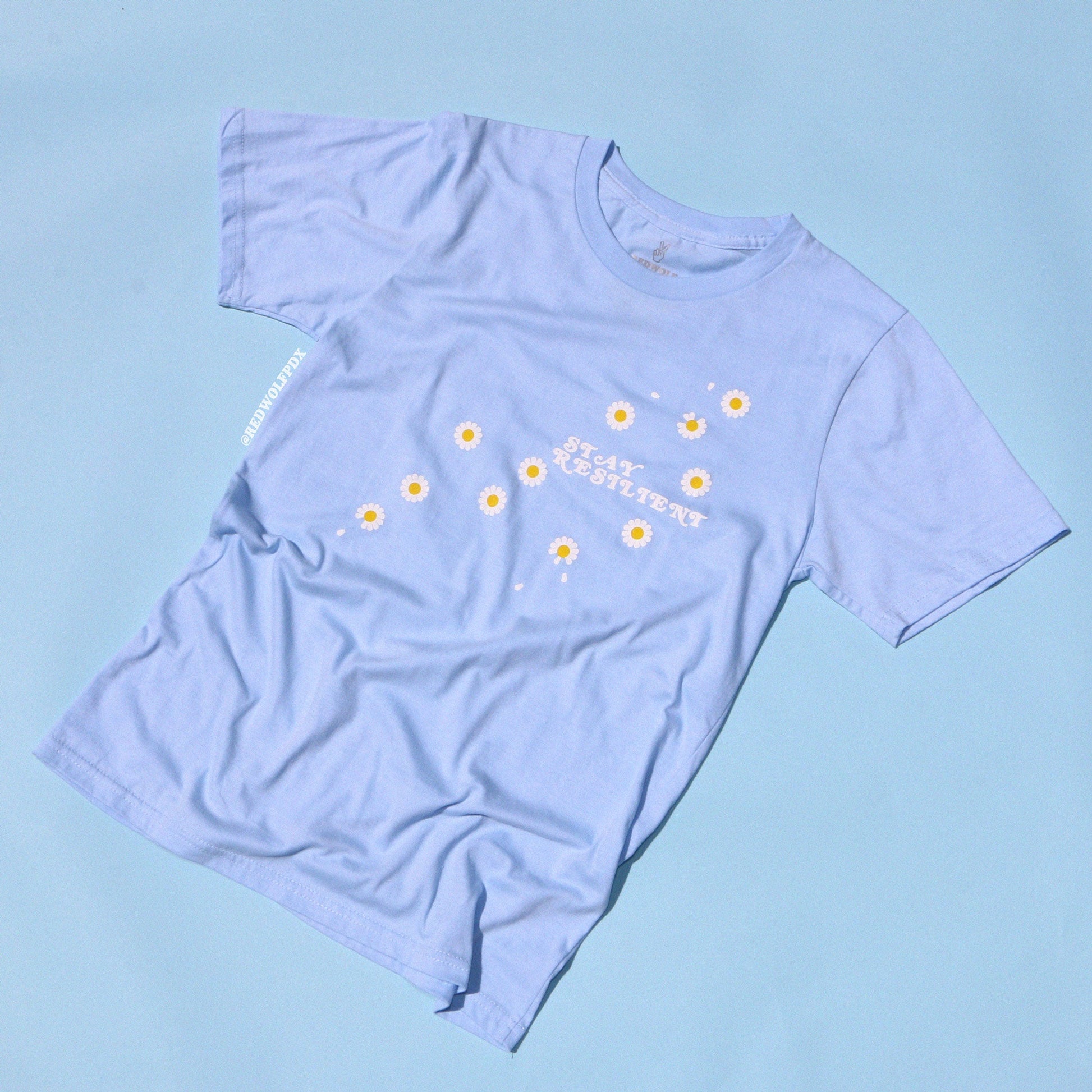baby blue graphic tee with text 'STAY RESILIENT' with illustrated daisies screen printed down the front on a light blue background