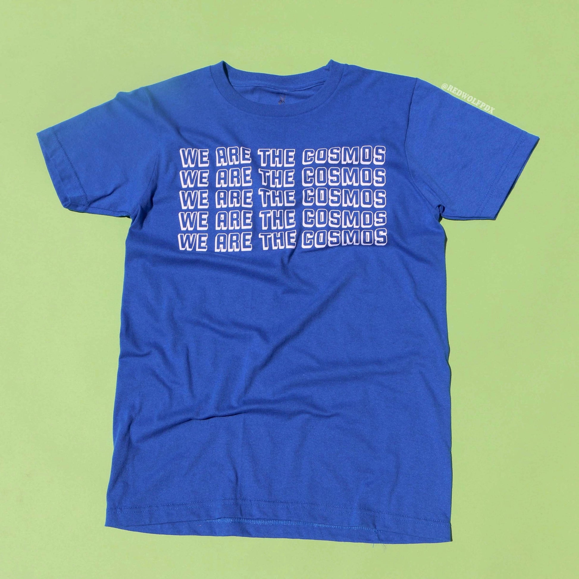 Bright blue tee with text 'WE ARE THE COSMOS' in white ink screen printed down the front against a green backgkround