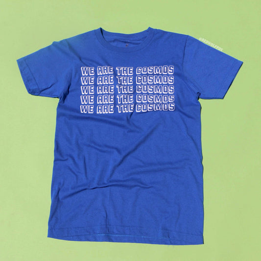 Bright blue tee with text 'WE ARE THE COSMOS' in white ink screen printed down the front against a green backgkround