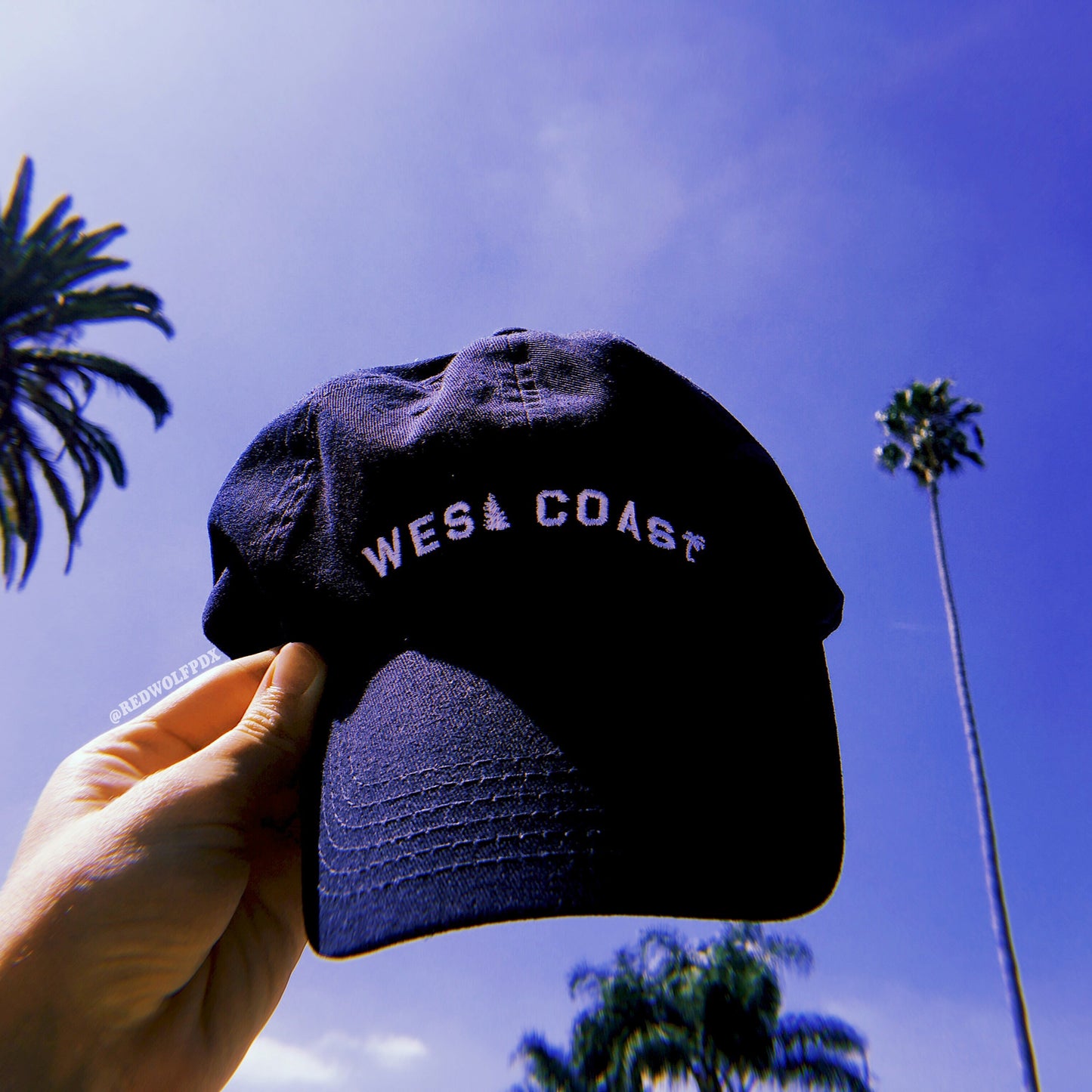 navy blue baseball cap with text 'WEST COAST' embroidered with white thread being held up to blue sky and palm trees