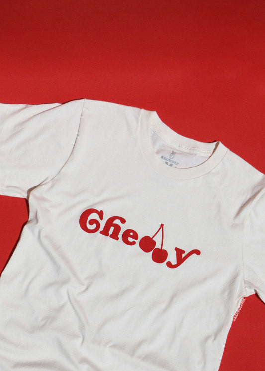White t-shirt with red text 'Cherry' on a red background