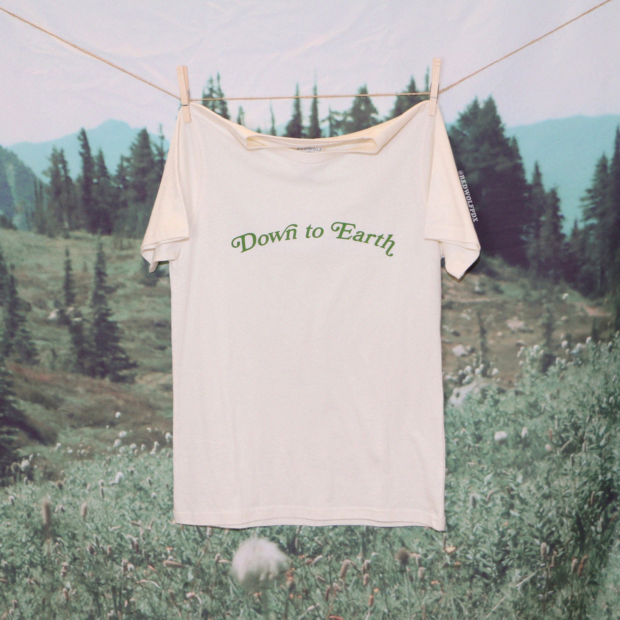 'Down to Earth' text graphic on neutral tee hanging on clothes line against scenic nature backdrop