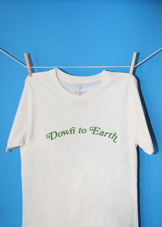 A white short-sleeve t-shirt with 'Down to Earth' printed in green cursive across the chest, hanging from a clothesline with wooden clothespins against a bright blue background.