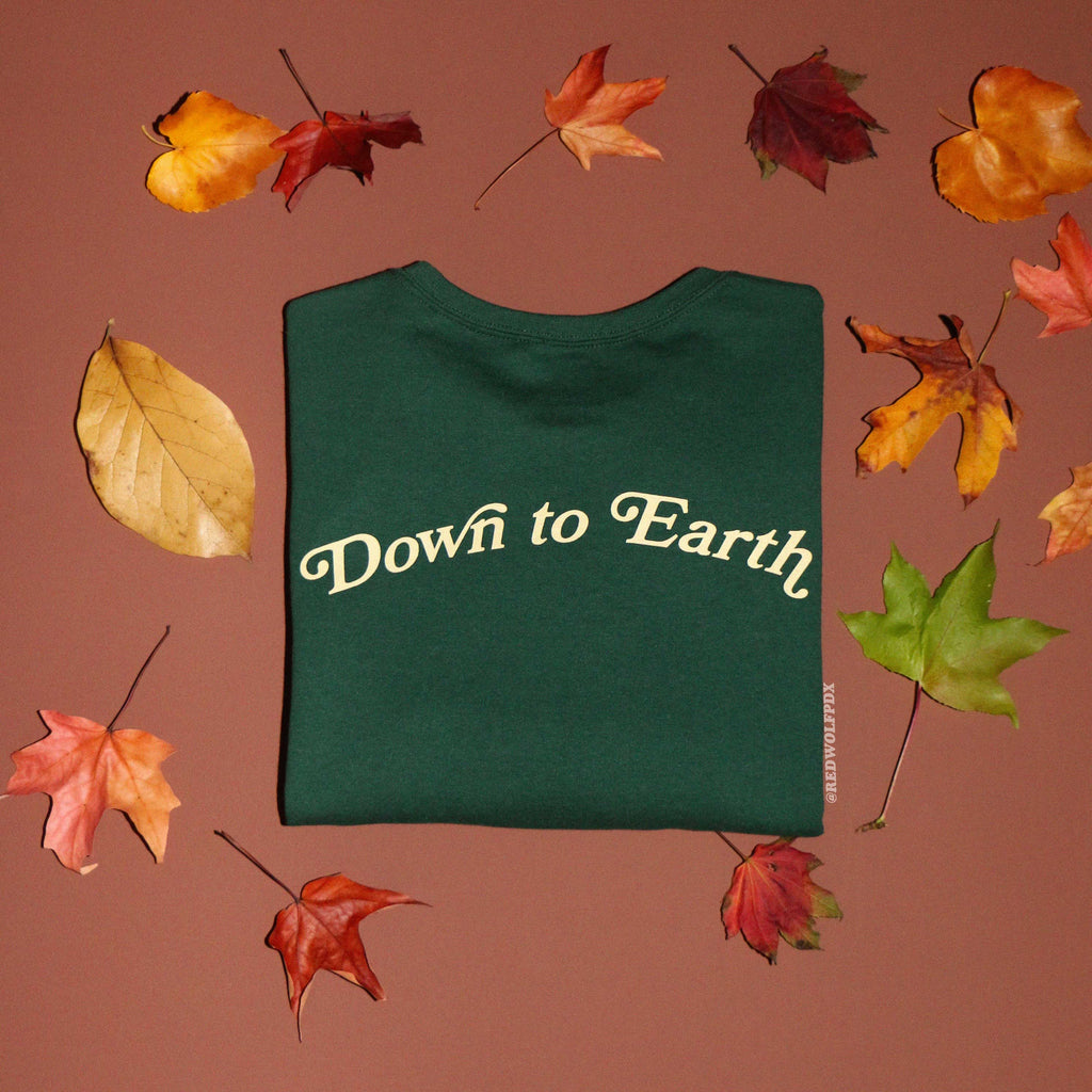 'down to earth' text graphic on forest green crewneck sweatshirt on brown backdrop surrounded by colorful fall leaves