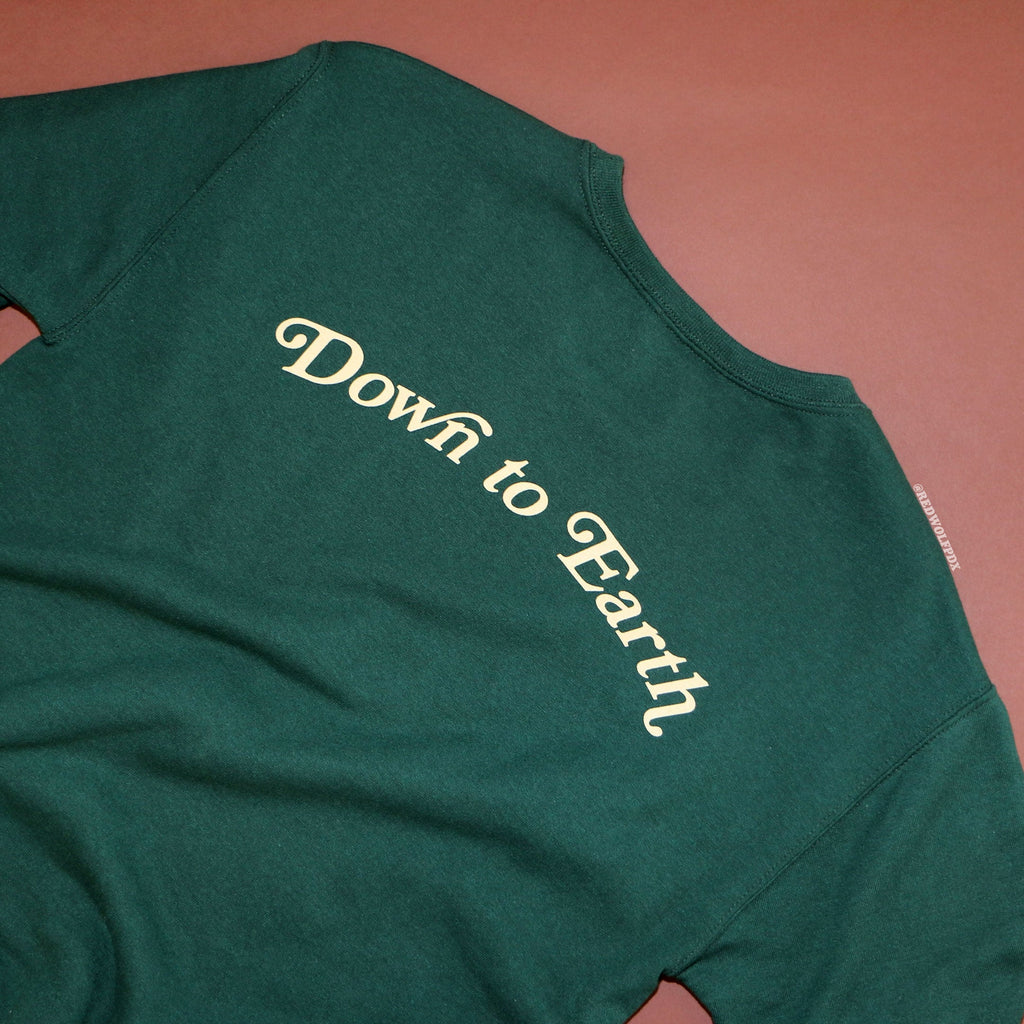 forest green crewneck sweatshirt with text 'Down to Earth' screen printed across the back on brown background