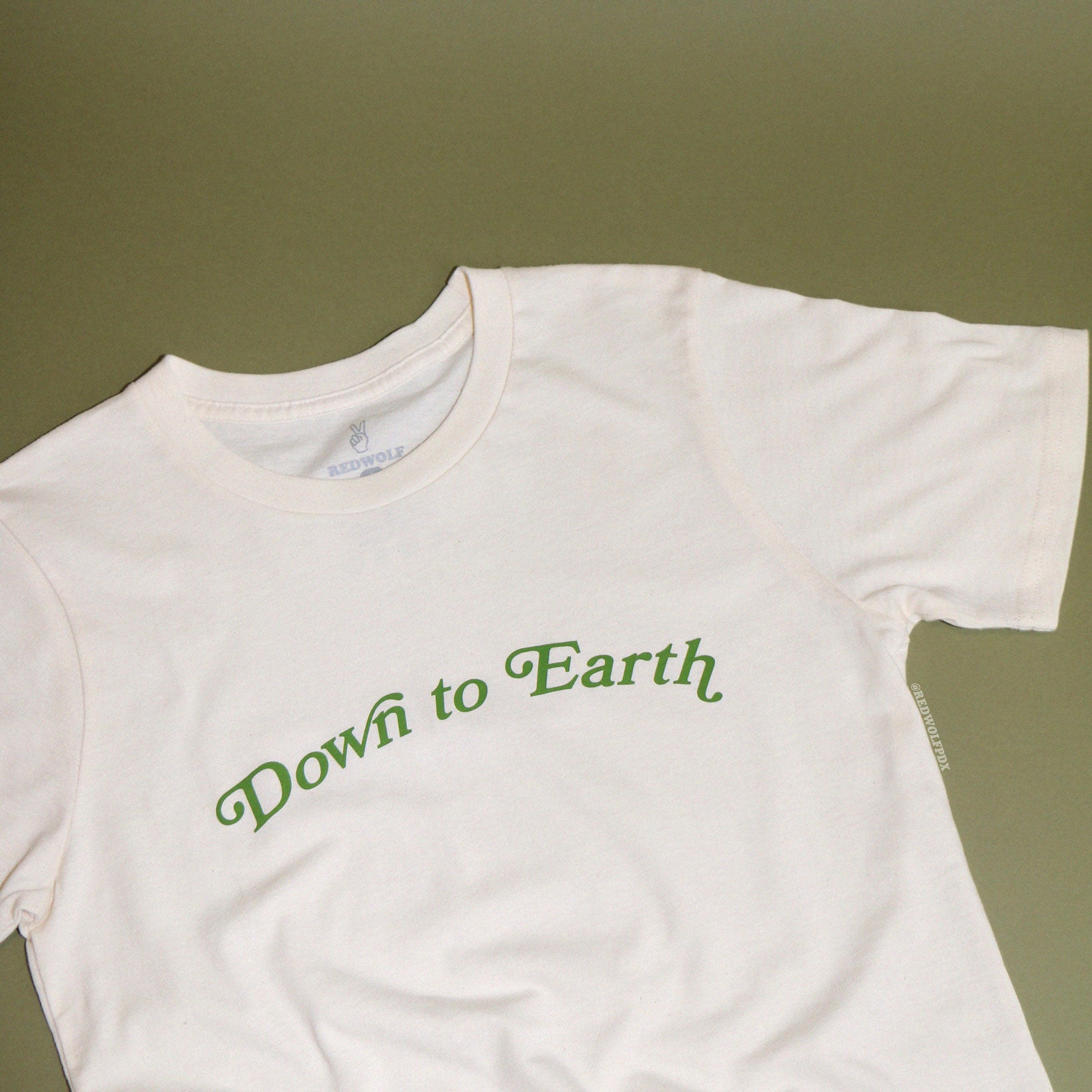 Beige graphic tee with text 'Down to Earth' in green ink against green backdrop