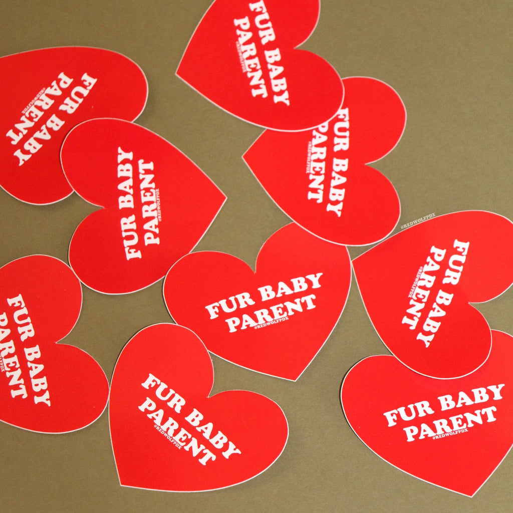 red heart shaped stickers with text 'FUR BABY PARENT' on vintage green background
