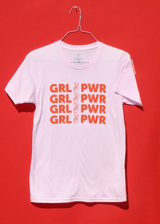 light pink t-shirt with 'GRL PWR' text in red on a red background