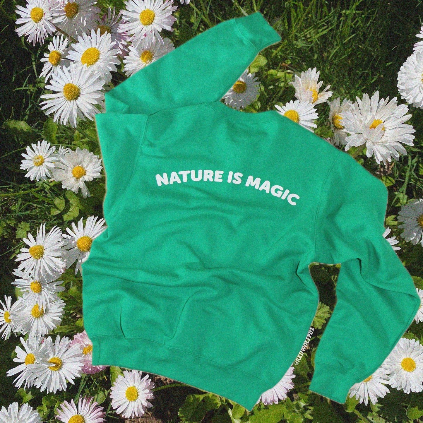 Green crewneck sweatshirt 
with 'NATURE IS MAGIC' text on a background of daisies