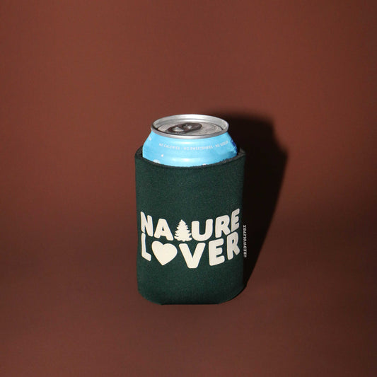 forest green neoprene Can cooler with 'Nature Lover' text on a brown background