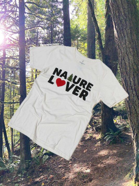 White t-shirt with 'Nature Lover' print in a forest background
