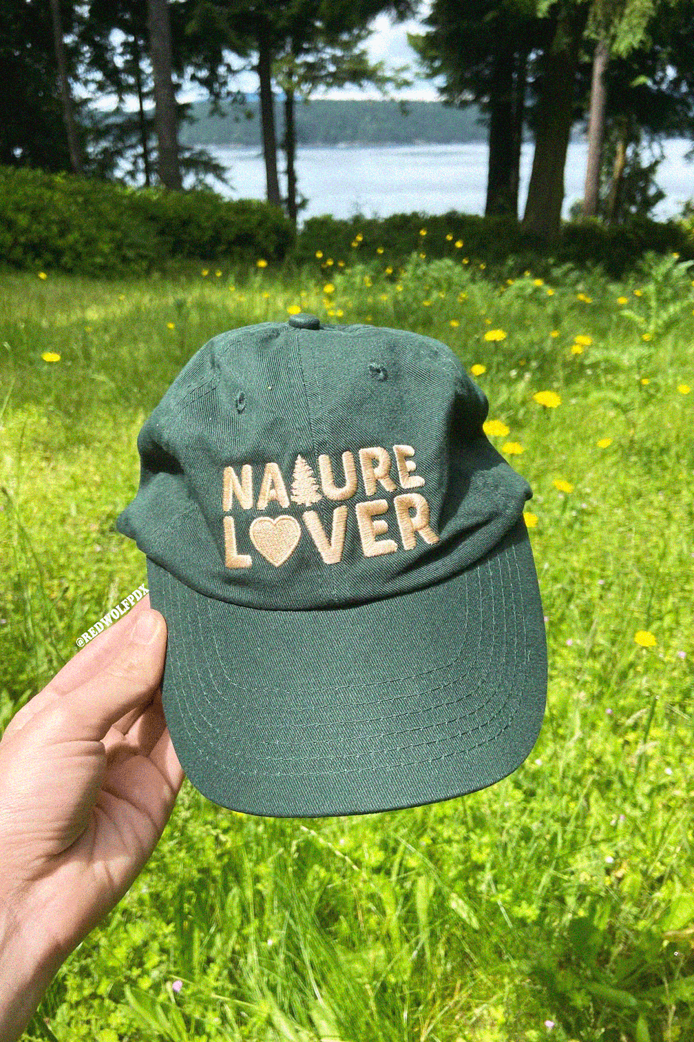 forest green baseball cap with text 'NATURE LOVER' embroidered with beige thread across the front being held by a hand to a nature background