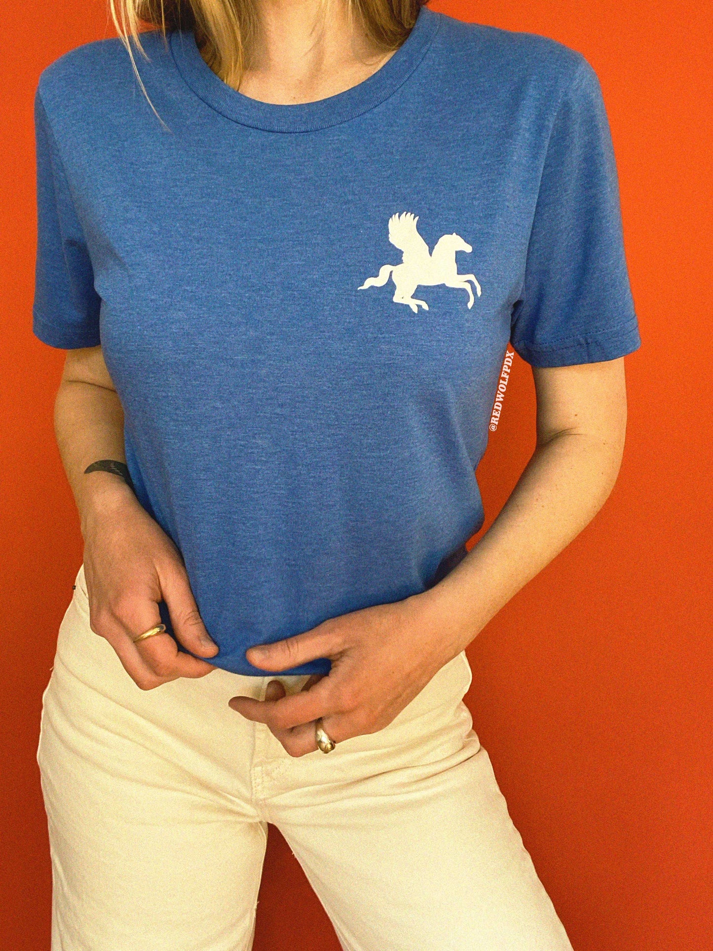 Person wearing a blue t-shirt with a white pegasus illustration graphic on corner of chest  against an orange background