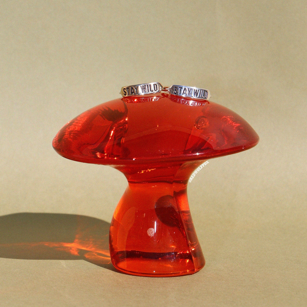 a brass ring and sterling silver ring both with text 'STAY WILD' engraved into them rested on an orange glass mushroom on a vintage green backdrop