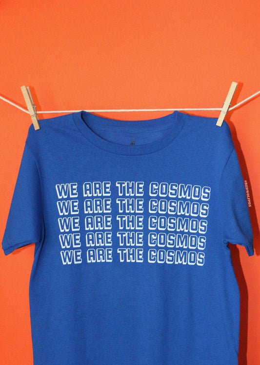 A blue short-sleeve t-shirt with the phrase 'WE ARE THE COSMOS' printed in white outlined text, hanging from a clothesline with wooden clothespins against a solid orange background.