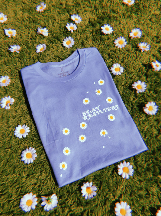 folded baby blue graphic tee with text 'STAY RESILIENT' and illustrated daisies  screen printed across chest against green shaggy rug and daisies
