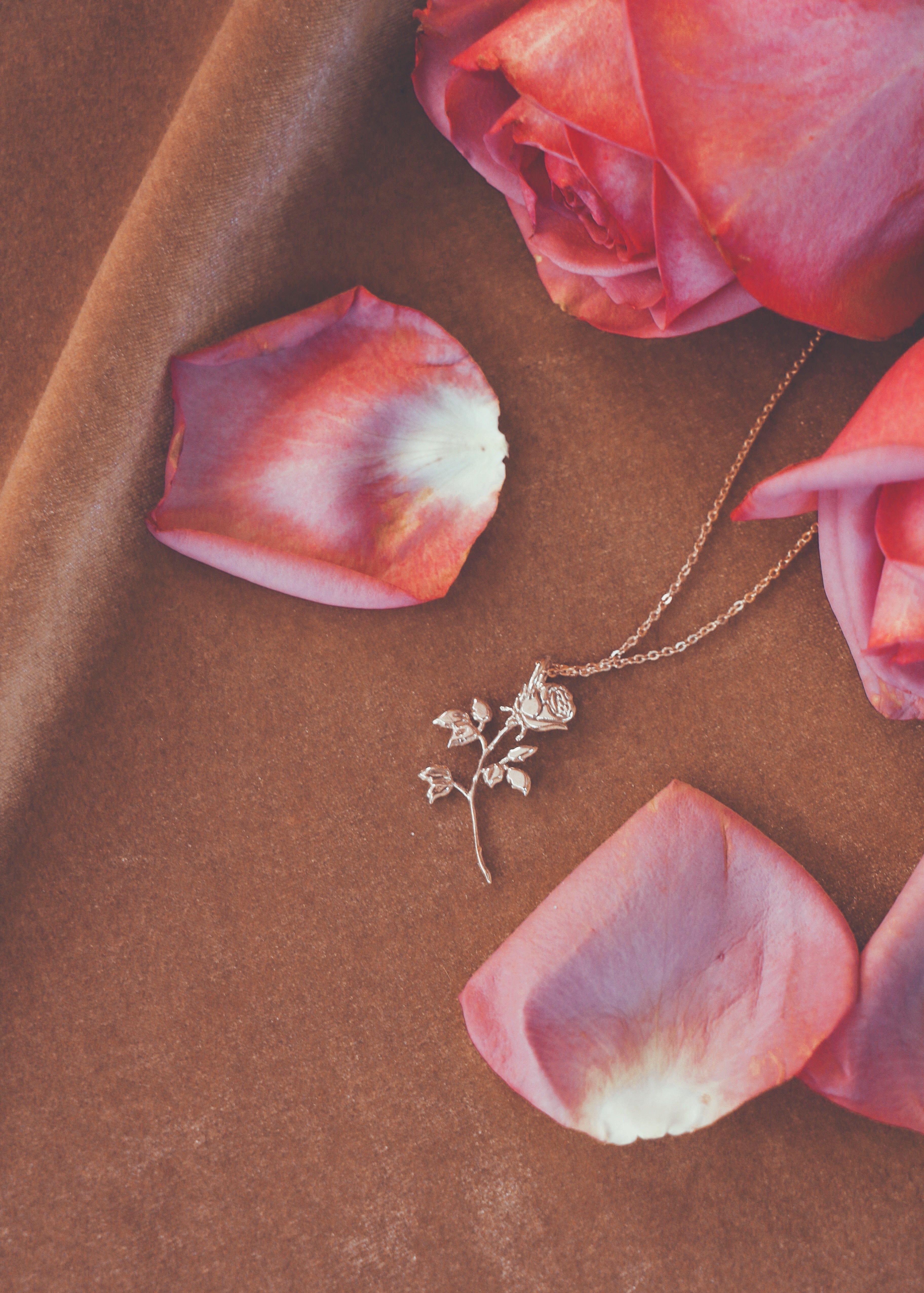 brass rose charm on brass chain on gold velvet background with pink rose petals scattered around