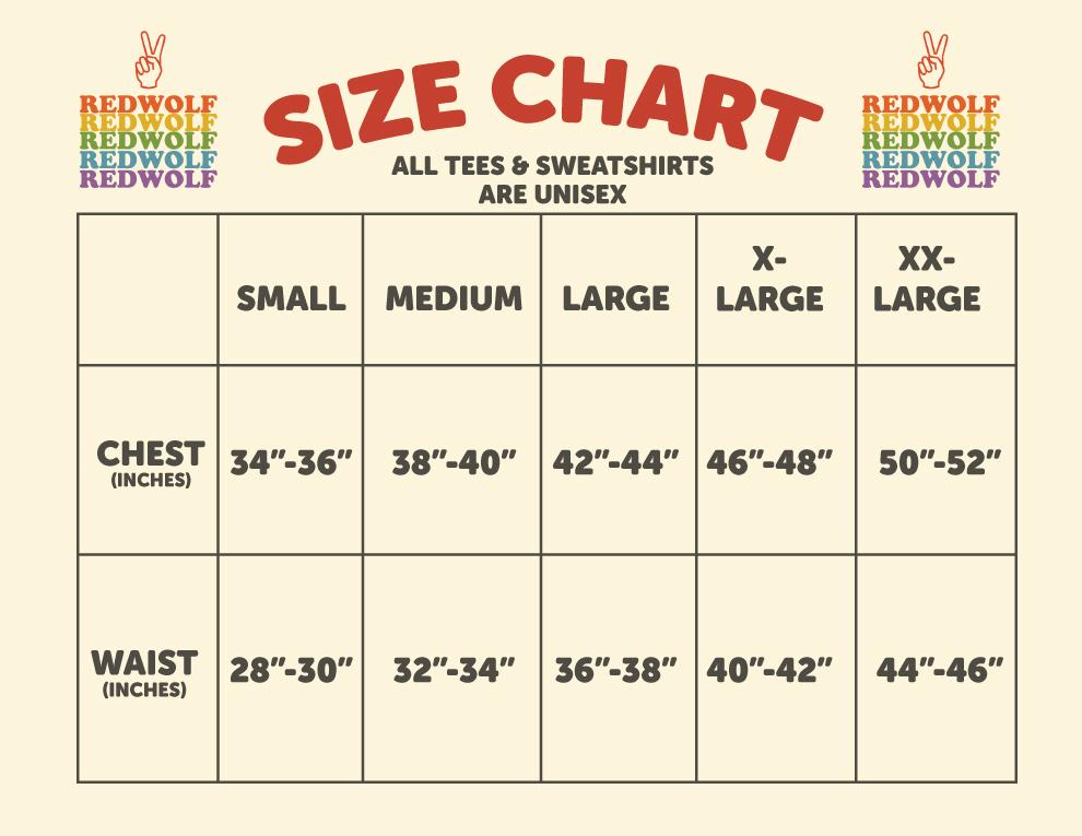 size chart for tees  and sweatshirts 