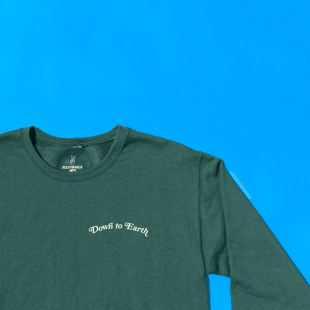 'DOWN TO EARTH' text graphic crewneck on blue backdrop 
