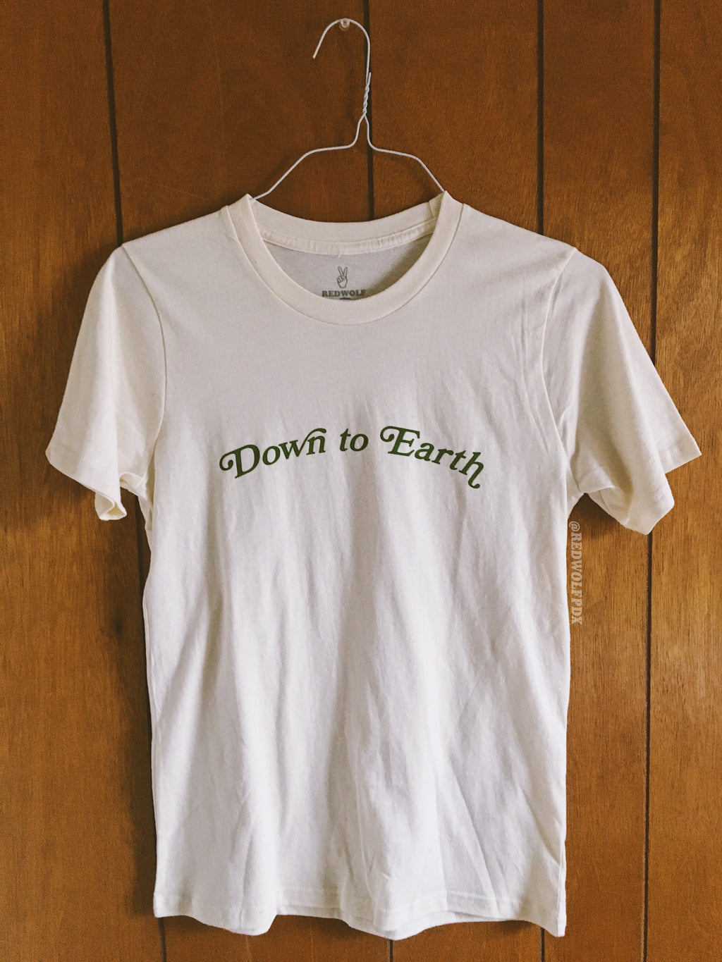 graphic tee with text 'down to earth' on hanger against 70's style wood panel backdrop wall 