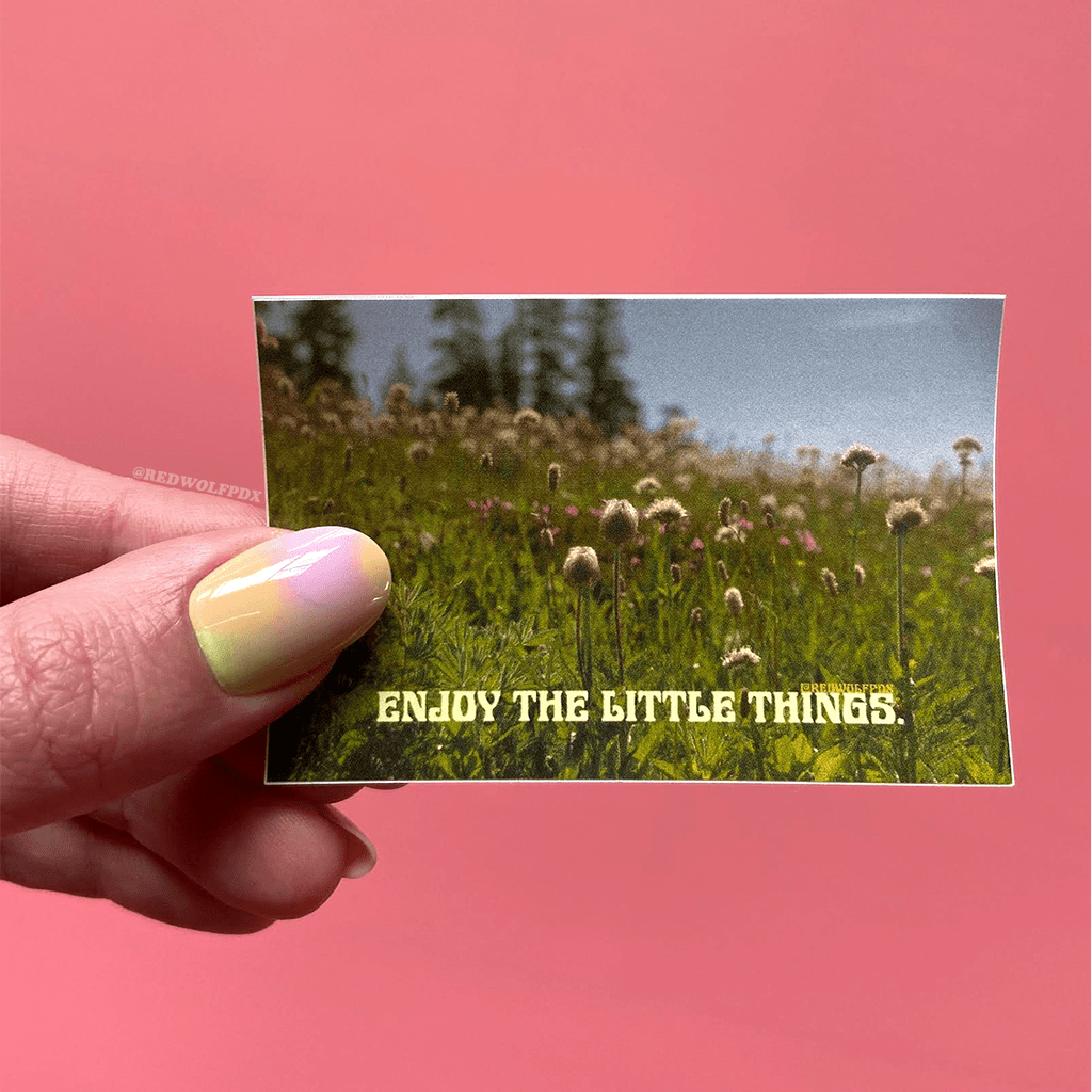 Rectangle sticker of photo of wildflowers with text 'ENJOY THE LITTLE THINGS' being held against pink background