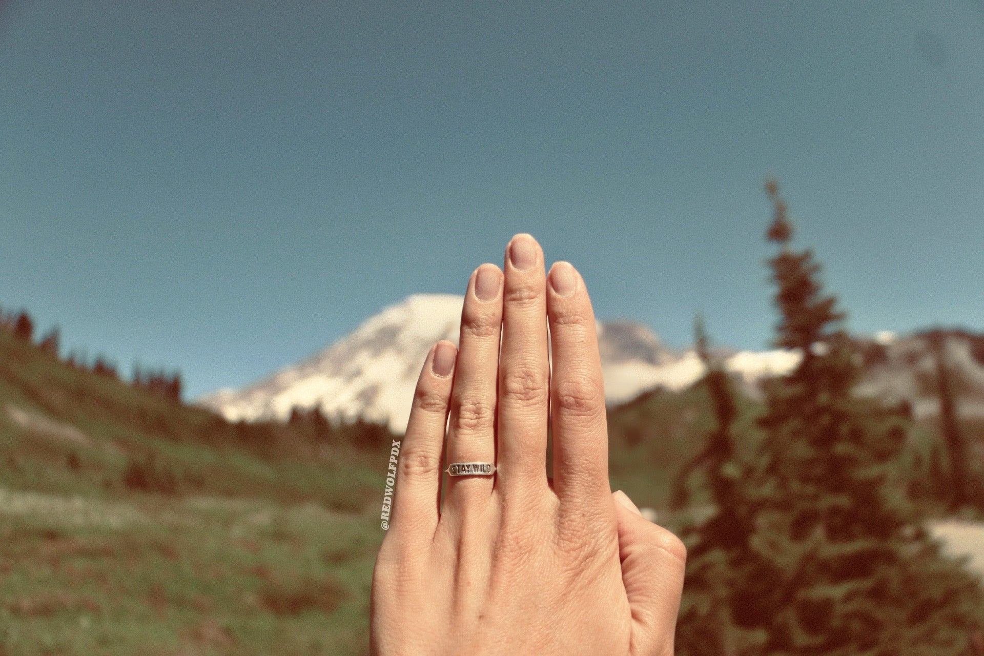 sterling silver ring with text 'STAY WILD' engraved on it being worn on hand up to scenic mountain background