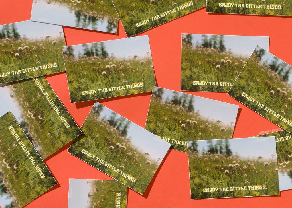 Rectangle stickers of photo of wildflowers with text 'ENJOY THE LITTLE THINGS' scattered across retro red backdrop